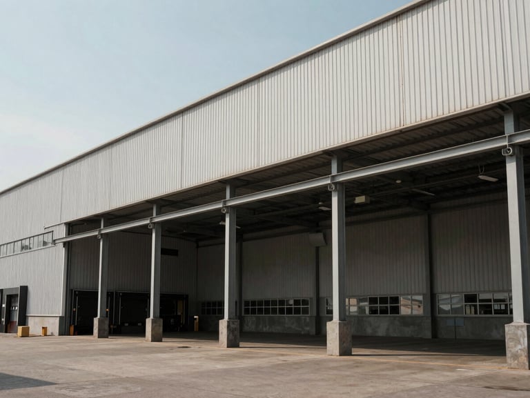 Warehouse exterior, industrial building facade showing structural integrity and scale, natural daylight, wide environmental framing with loading dock or vehicle context, no people or staging