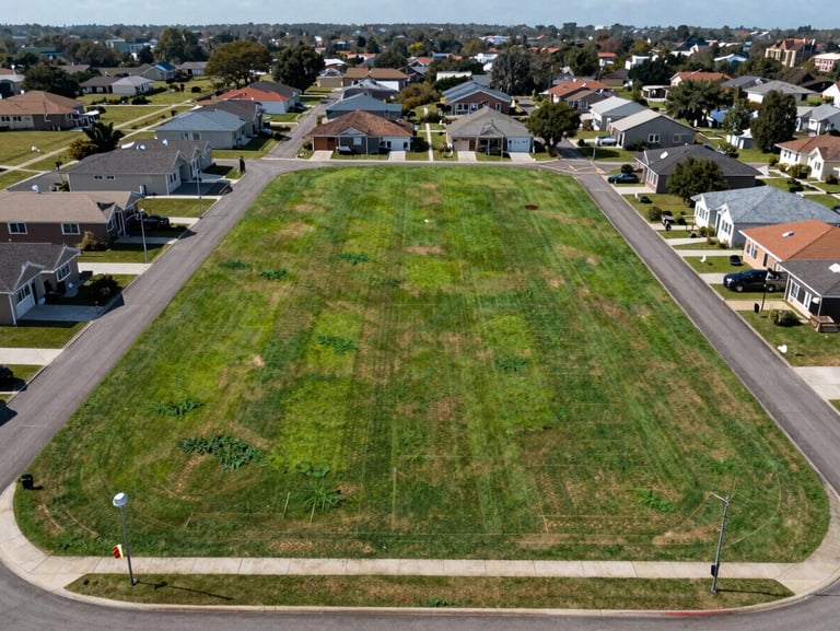 Raw land parcel, wide environmental framing showing lot boundaries and adjacent properties, natural daylight, clear sight lines, zoning markers visible in context, no people or staging