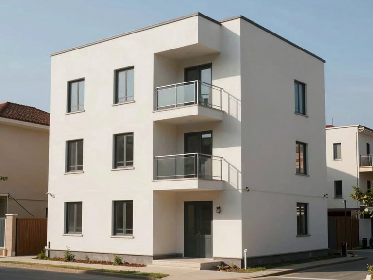 Finished residential flat exterior, daylight, showing clean architectural lines and condition, street-level view with adjacent buildings visible, no staging or models, natural north-facing light