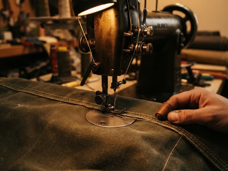Close-up of industrial sewing machine stitching heavy canvas under warm workstation task light, rich high-contrast tones, shallow depth of field