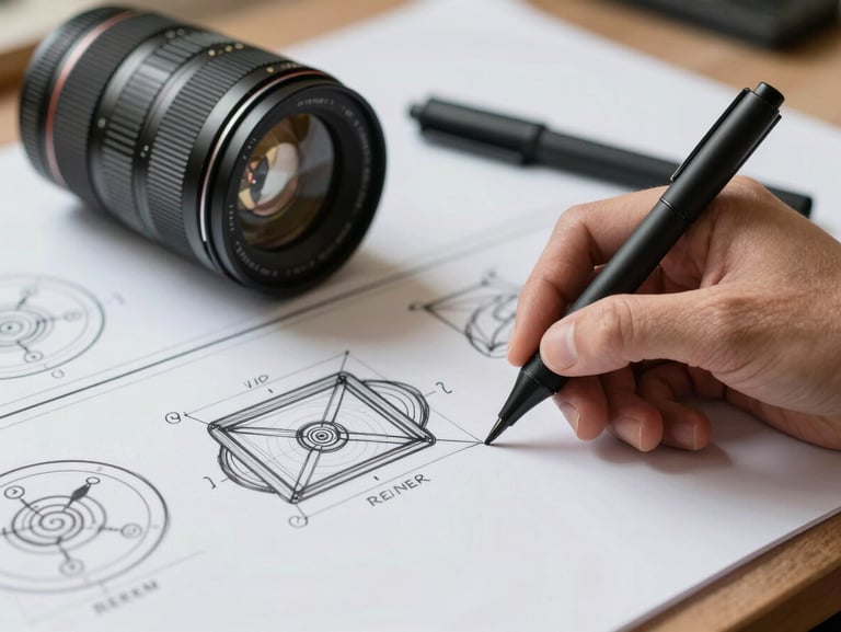 Primer plano extremo de un esquema técnico dibujado a mano con rotulador negro sobre una pizarra blanca limpia, enfoque selectivo, luz de día lateral.