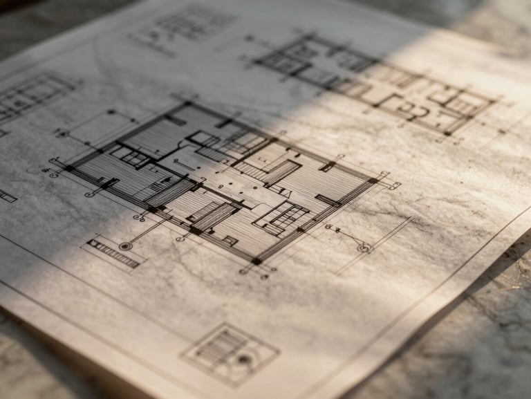 Extreme close-up of architectural blueprints overlaid on a textured marble surface, high-contrast golden hour light illuminating the technical drawings.