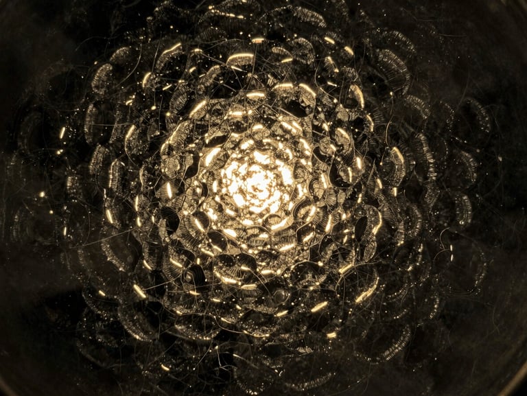 Abstract macro shot of light reflecting off textured dark glass, golden glints, mysterious and poetic