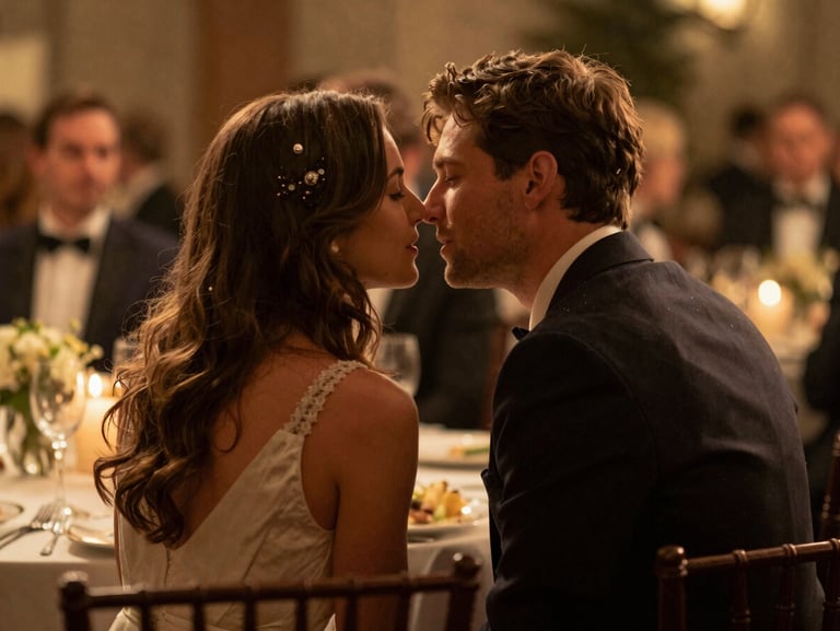 Cinematic candid shot of two people sharing a quiet whisper at a dimly lit reception, warm golden ambient light, grain