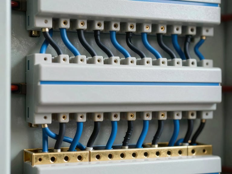 Macro close-up of an impeccably organized electrical panel, perfectly combed and aligned black and blue wires, brass grounding bar, technical precision, clean lighting.