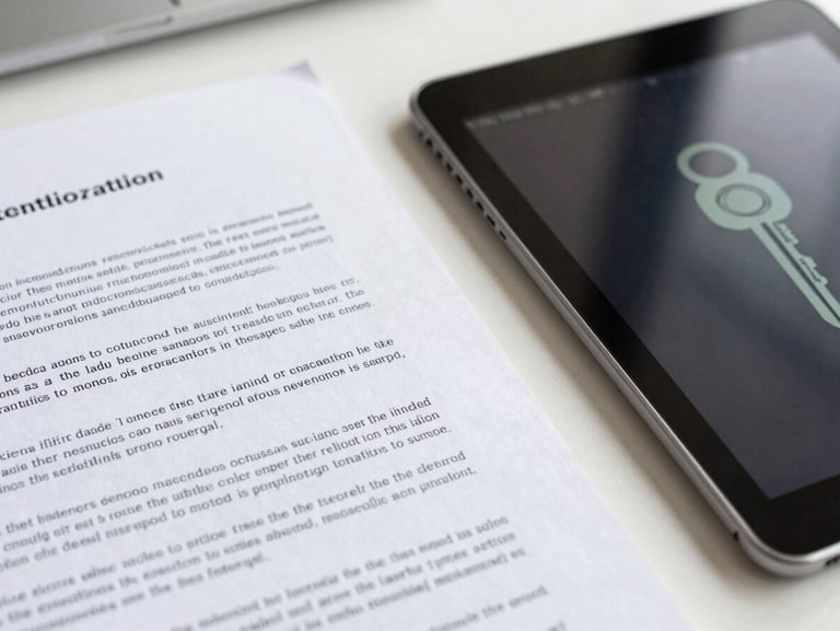 A close-up macro shot of structured legal documents and a secure digital tablet displaying an abstract encryption key, bright professional daylight, clean organized desk surface.