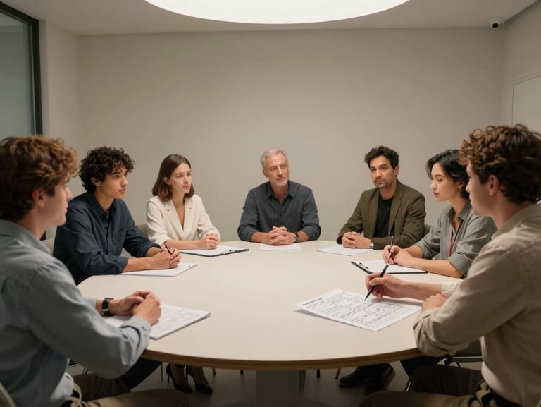 Environmental wide shot of a small group seated around a round table in a modern neutral-toned meeting room, one person gesturing toward a printed framework sheet, diffused overhead studio light, no posed faces