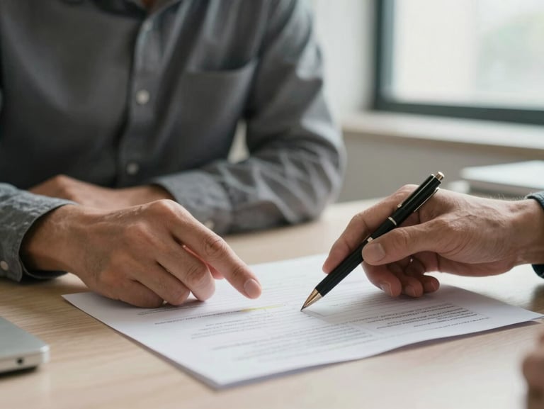 Close-up of two professionals reviewing a strategic document side by side at a clean desk, one pointing to a section with a pen, diffused natural window light from the right, warm gray tones, no faces visible