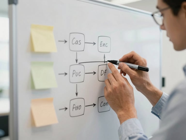 Close-up of a facilitator's hands drawing a structured diagram on a whiteboard in a bright learning space, markers and sticky notes visible, diffused natural light from the left, no faces