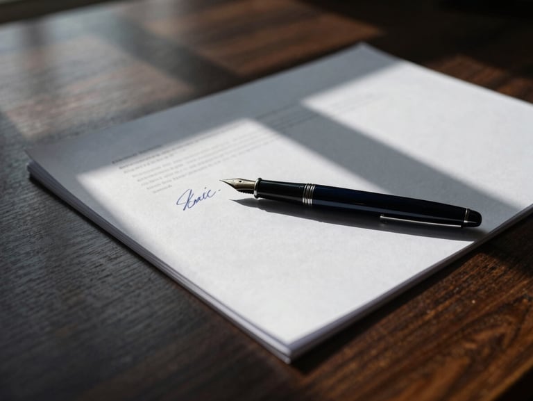 Close-up of signed legal documents on a dark oak table, sharp shadows from window light, fountain pen resting on heavy paper stock.