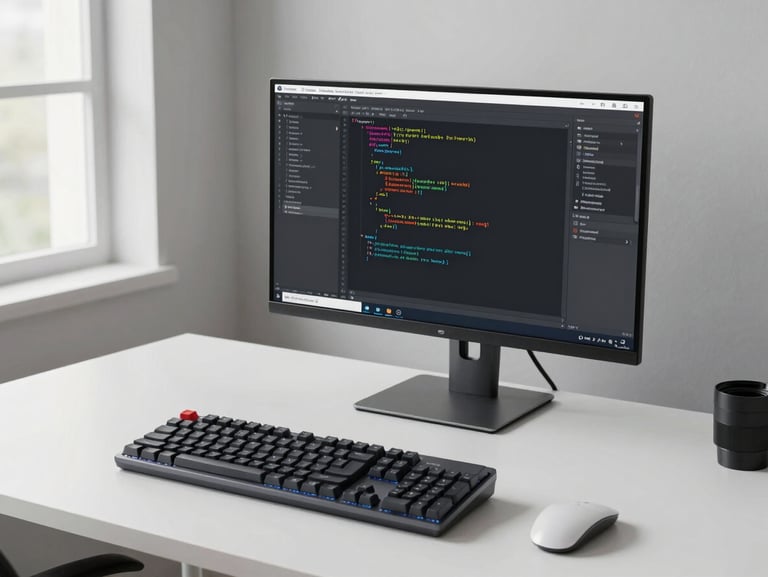 Wide environmental shot of a minimal desk workspace — a mechanical keyboard, a monitor showing a code editor with payment routing logic, flat even daylight from a window off-frame left, no person visible, no decorations, only the tools of systematic work