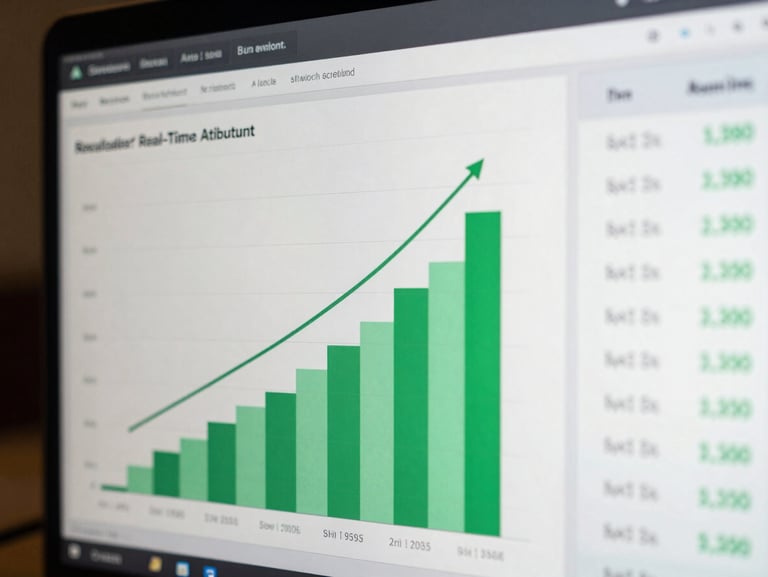 Real-time attribution dashboard showing upward trendlines, green conversion metrics, and blurred revenue data columns