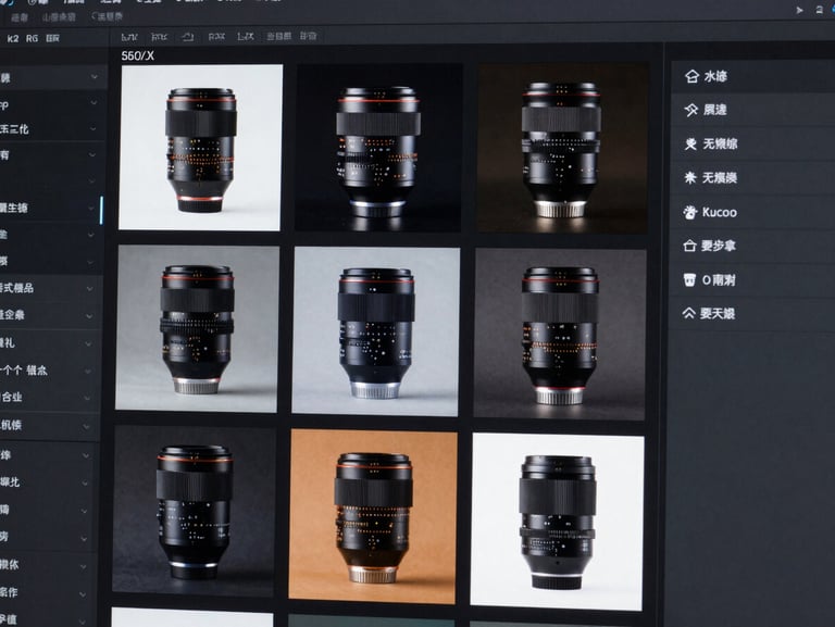 Macro crop of an ad creative matrix on a screen, displaying multiple high-contrast product variants side-by-side, dark-mode technical interface