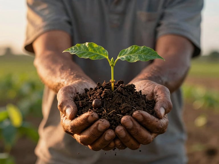 Manos curtidas de un agricultor sosteniendo un puñado de tierra fértil oscura con pequeños brotes verdes de café, bajo luz natural cálida de atardecer