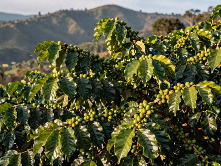 Cultivo de café verde en las montañas de Estelí, hojas brillantes bajo la luz del amanecer, enfoque nítido en las ramas cargadas de frutos.