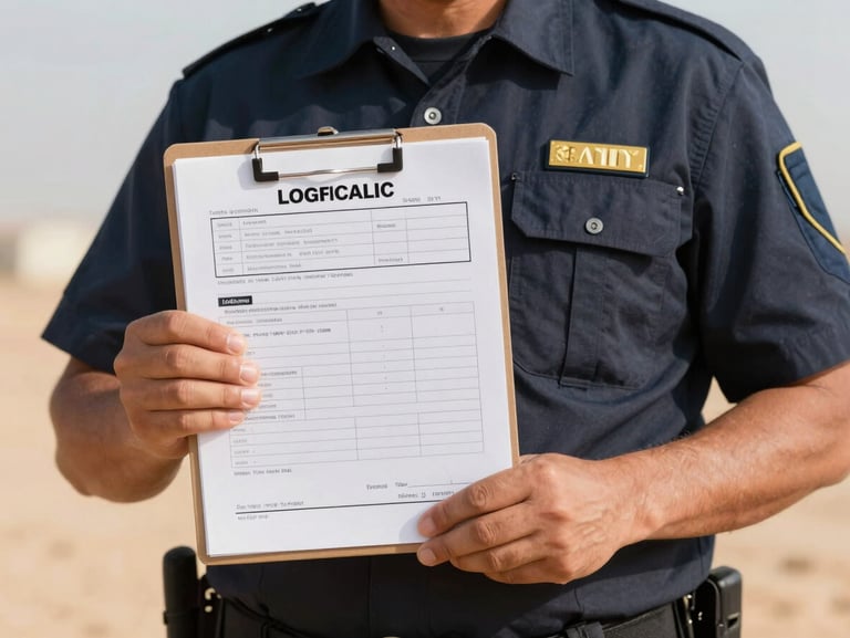 Close-up of a uniformed logistics supervisor holding a clean, official clipboard with waste transfer documentation, bright outdoor desert light.