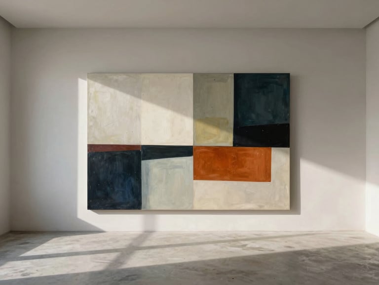 An abstract canvas styled in a minimalist, high-ceilinged plaster room, soft architectural shadows cast across the concrete floor.