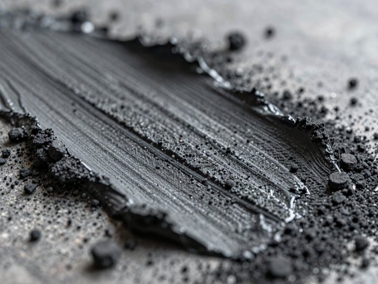 Macro texture of raw charcoal dust and thick oil paint ridges on a canvas, soft diffused overcast daylight emphasizing physical ridges.
