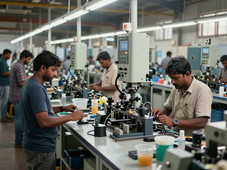 A busy, well-organized local manufacturing floor in India, active workers managing machinery, bright daylight, showcasing structured systems.