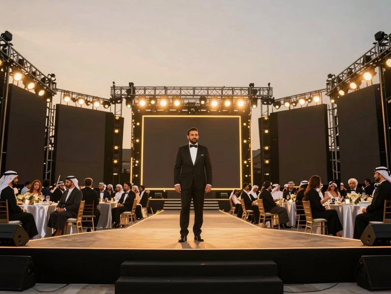 High-end corporate gala in Dubai with dramatic stage lighting, crisp details, editorial photography