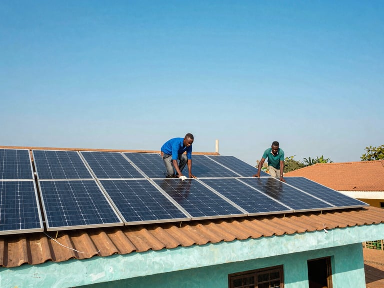 Local technicians installing solar panels on a community building roof in Ghana, bright blue sky, wide angle, 35mm
