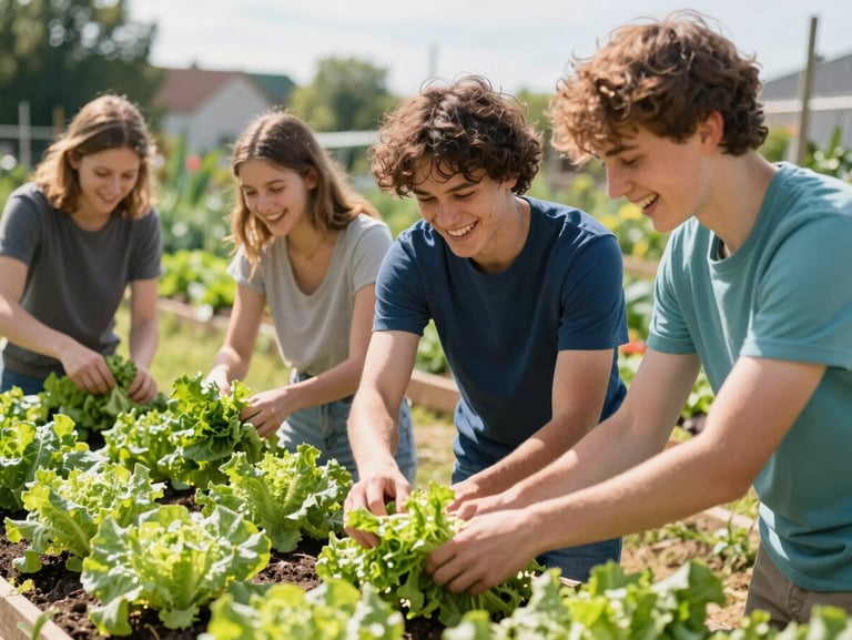 Young people laughing and harvesting fresh green lettuce in a sunny community garden in Germany, warm daylight, 35mm