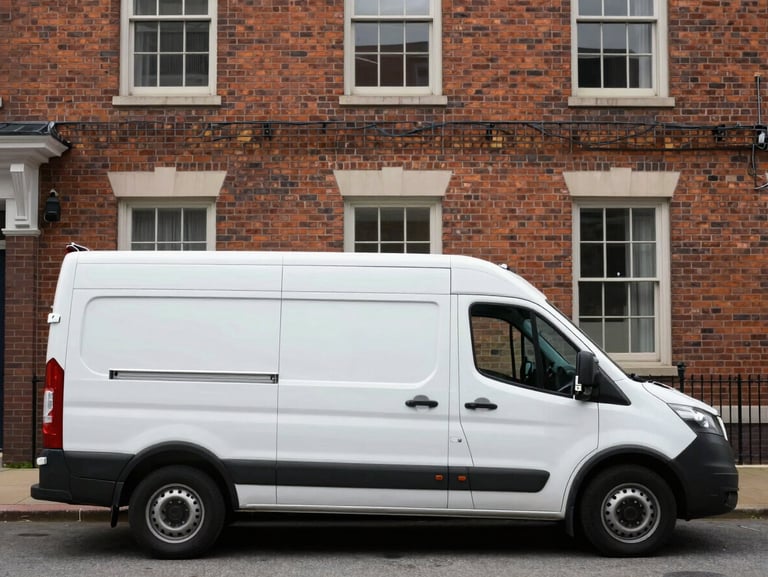 A secure, clean delivery vehicle parked outside a historic brick building in Alexandria, straight-on architectural framing, neutral daylight.