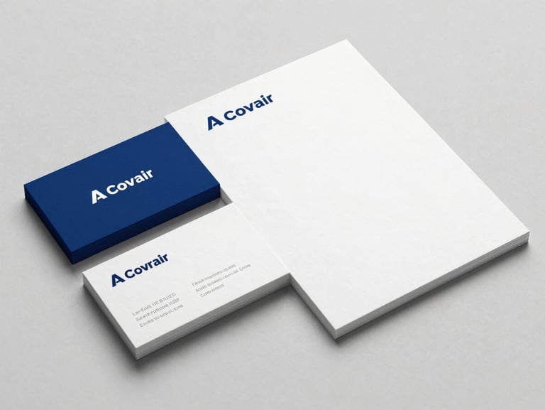 A high-fidelity minimalist branding mockup of premium business cards and corporate letterheads on a clean, textured surface with soft studio lighting, showcasing deep blue accents.