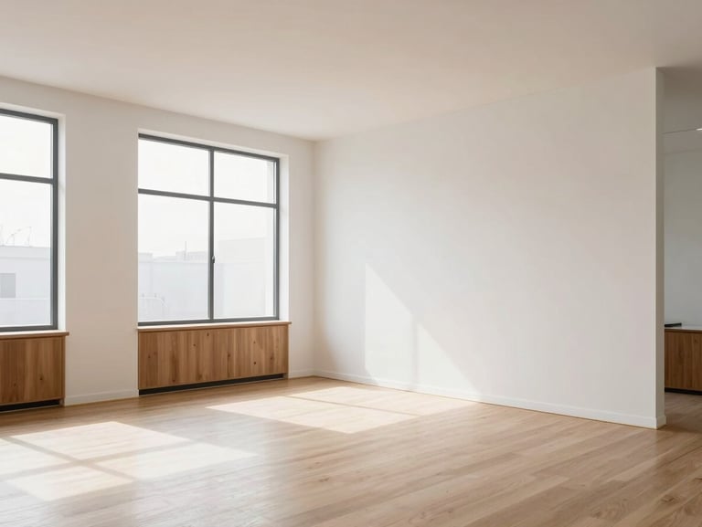 Wide environmental shot of a minimalist design studio in Bountiful, clean white walls, warm wooden accents, large windows letting in soft diffused daylight, negative space.