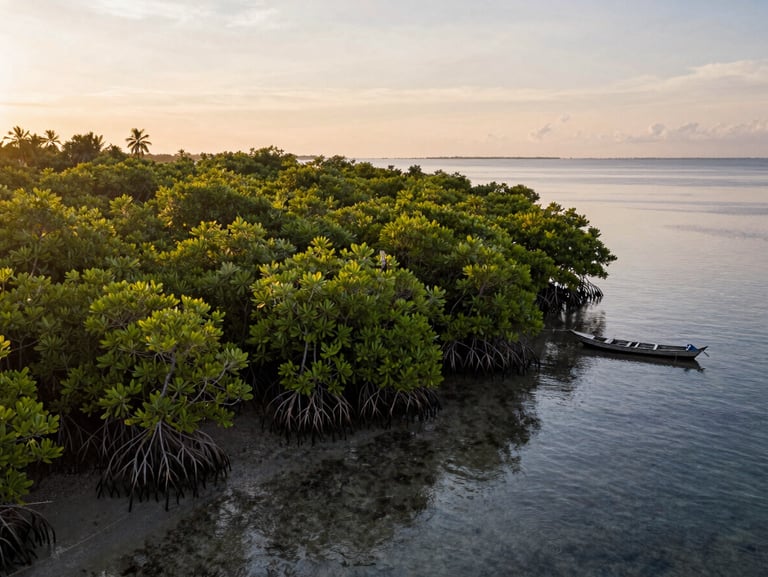 Aerial view of a mangrove coastline in Sulawesi at golden hour — dense mangrove roots visible at the waterline, calm tidal water reflecting warm amber light, a small wooden fishing boat moored to the right, no people, wide environmental framing