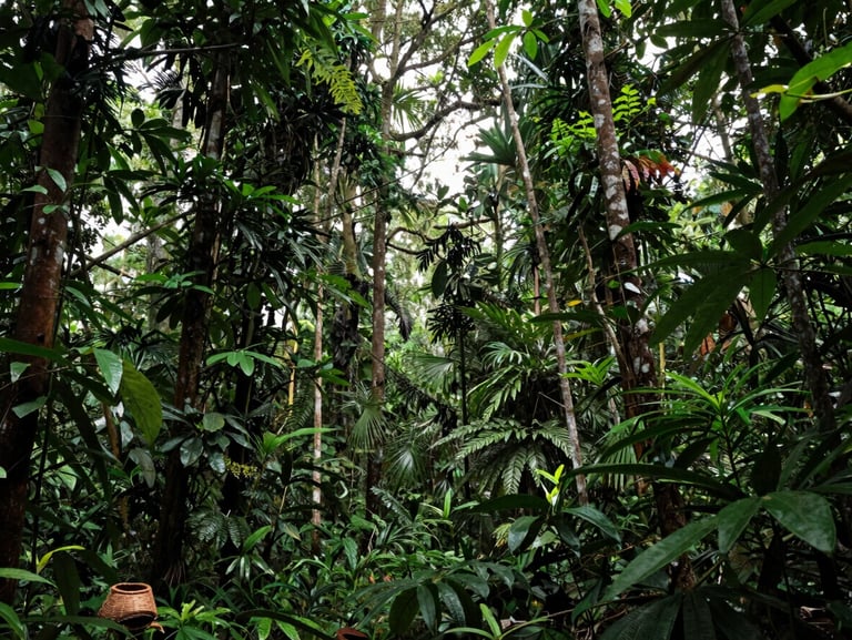 Wide ground-level shot inside a tropical rainforest in Kalimantan — dense canopy of emergent trees, dappled natural daylight filtering through layered green foliage, a harvester's woven basket visible at the lower-left corner, no people posed, documentary framing