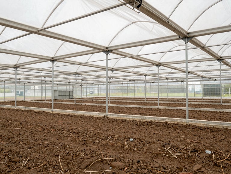 Wide environmental shot of an industrial greenhouse interior, automated irrigation booms visible overhead, morning daylight.