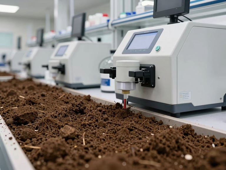 Close-up of high-grade soil testing equipment in a modern commercial laboratory, rich earth tones, natural overcast light.