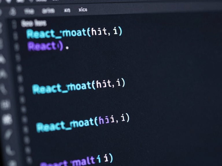 Macro shot of a dark mode code editor displaying clean React code, syntax highlighting in neon cyan and purple, sharp focus.