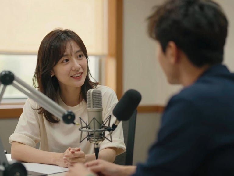 Candid shot of two people in a radio booth mid-conversation, soft warm lighting, a high-end microphone in the soft-focus foreground, authentic storytelling moment.
