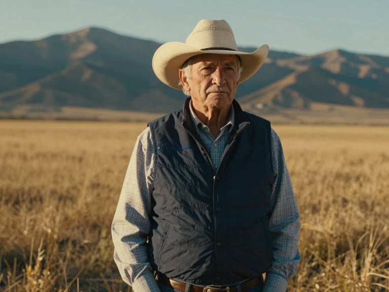 Environmental portrait of an elderly rancher standing in a golden-hour Utah field, deep shadows, authentic thoughtful expression, cinematic composition.