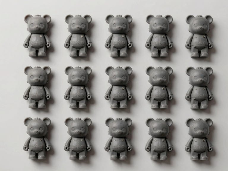 Overhead studio flat-lay of twelve identical 3D printed collectible pieces arranged in three rows of four, demonstrating batch production consistency, daylight-balanced studio light, matte surface, each piece identically finished
