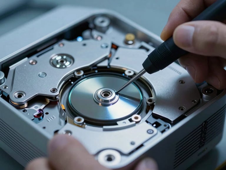 Close-up macro photography of a professional technician cleaning the internal mirror assembly of a high-end projector, specialized dust-free tools, cool blue focused workshop lighting, sharp contrast, highly detailed mechanical components
