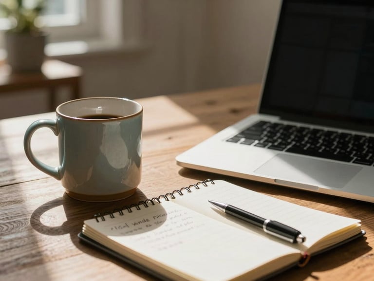 A sunlit home office with a ceramic mug, a notebook with clean handwriting, and a laptop open on a wooden table.