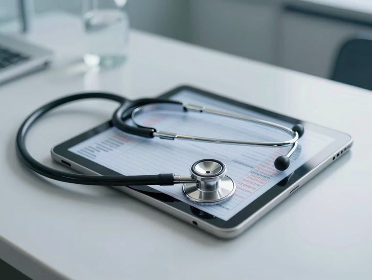 A clean clinical office desk with a stethoscope resting next to a tablet showing redacted patient timeline data, cool morning daylight