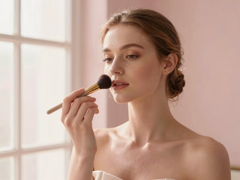 Portrait of a makeup artist holding a silk-fiber brush, warm diffused light, elegant studio setting, 85mm