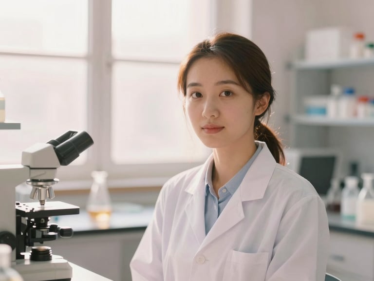 Portrait of a female scientist in a bright, sunlit laboratory, warm morning light, soft focus, 85mm