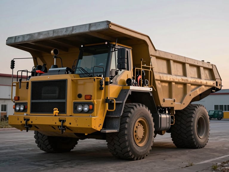 A heavy-duty service truck equipped with tools parked near a massive mining dumper at dusk, high contrast lighting