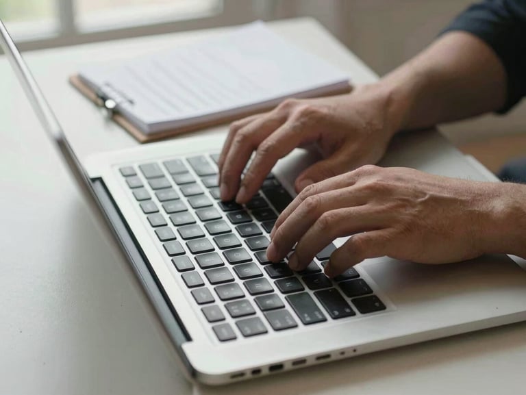 Close-up overhead shot of hands typing on a laptop keyboard on a plain desk, a small notepad with handwritten notes visible beside it, soft natural window light from the left, no faces shown