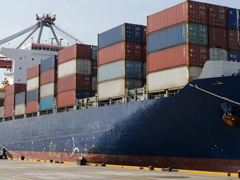 A cargo container ship docked at a modern port terminal, with large metal shipping containers being organized in daylight.