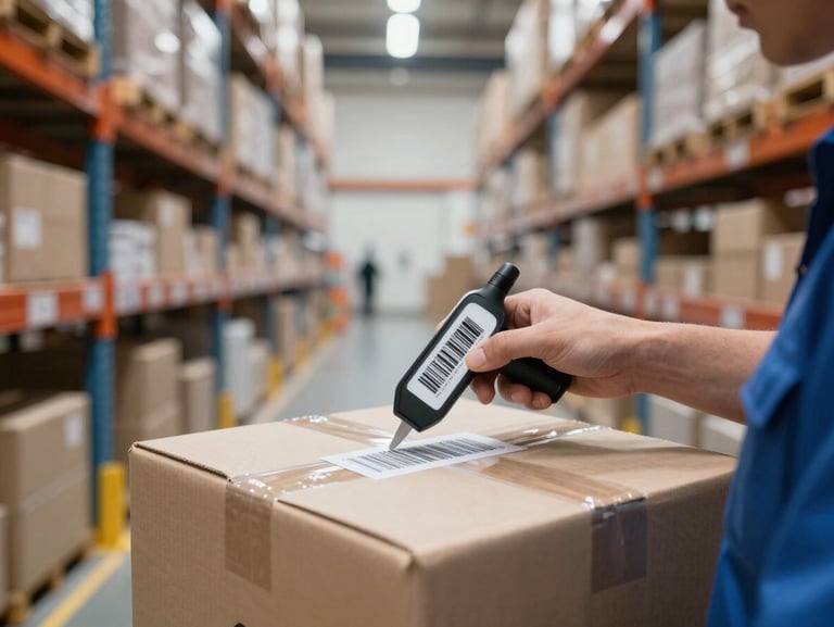 A close-up of a logistics worker scanning a package barcode inside a brightly lit, organized warehouse hub.