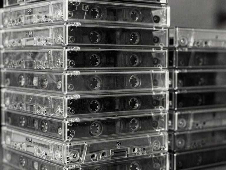 Close-up stack of unlabelled cassette tapes in clear plastic cases, raw analog grain, high contrast monochrome, 35mm film photography
