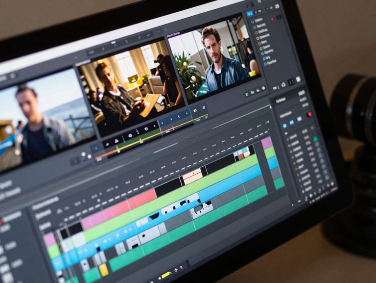Close-up overhead flat-lay of a video editing timeline on a glowing monitor screen, color grading curves panel visible in the corner, soft diffused studio light, vibrant thumbnail frames visible in the media bin