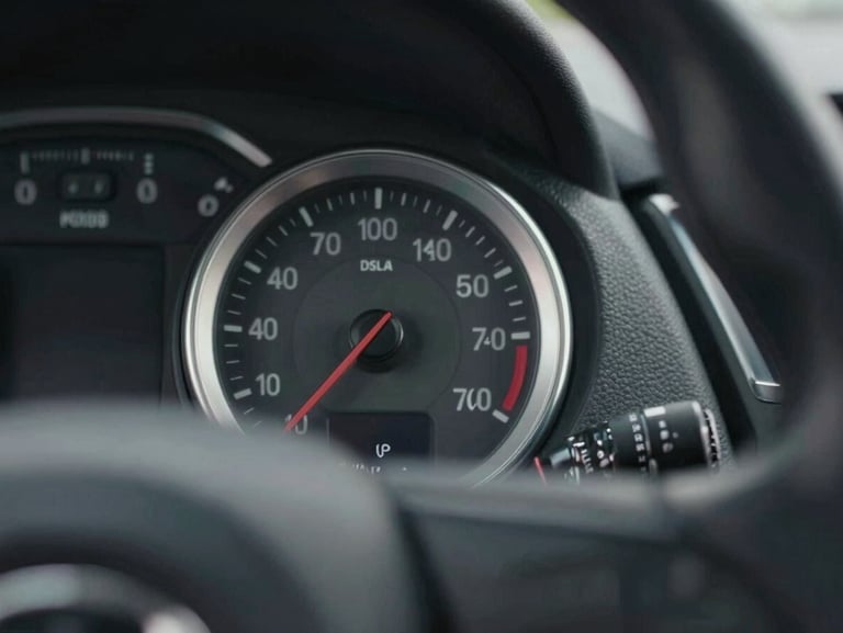 Close-up of a premium machined aluminum dashboard dial and steering wheel texture, moody overcast daylight lighting