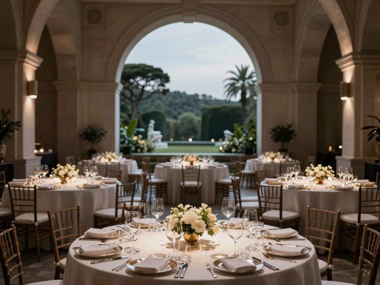 Elegant luxury gala dinner setup, dramatic architectural lighting illuminating the tables and scenic backdrop, sophisticated high-contrast atmosphere.